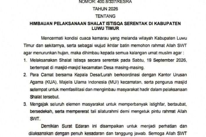  Hadapi Kemarau,Pemkab Luwu Timur Imbau Masyarakat Gelar Shalat Istisqa Serentak